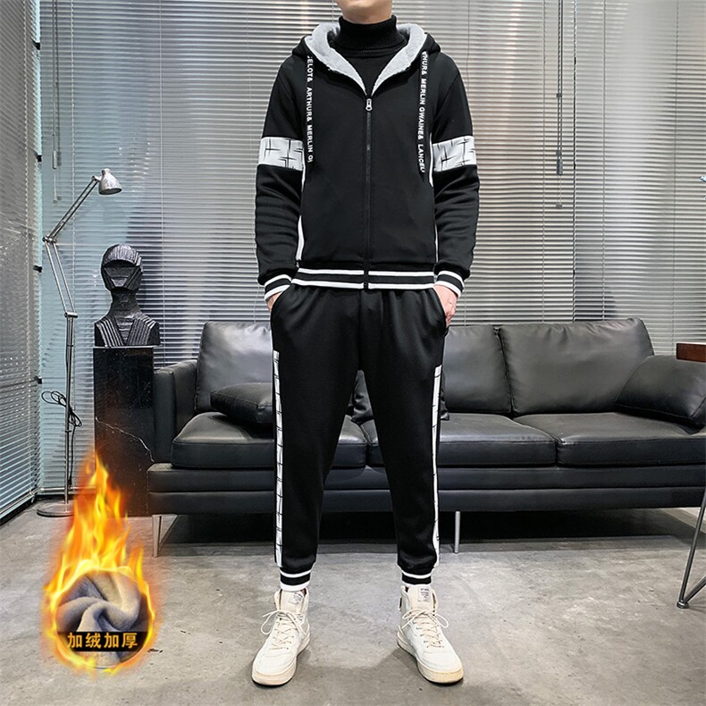 2023新款冬季加绒加厚两件套运动休闲学生卫衣保暖套装男G05P95,男装休闲套装,电商A086