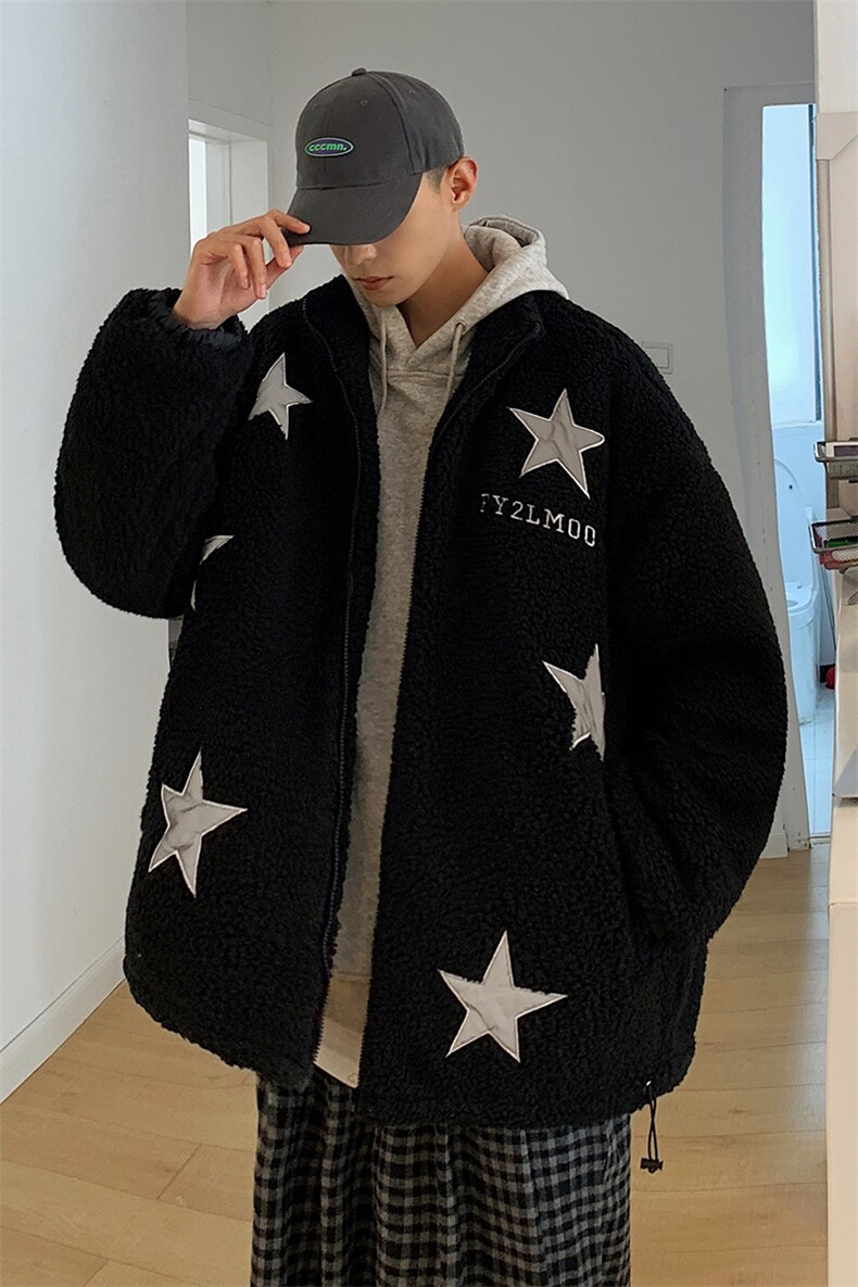 1港风羊羔毛加棉加厚棉衣男情侣潮反光星夹克男YG7516P125控158,男装夹克,星座226-2