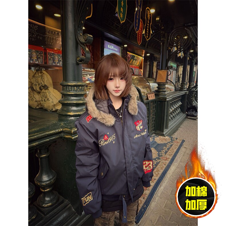 现货高品质美式高街重磅刺绣座山雕大毛毛领棉衣男女加厚棉服外套，男装棉衣，电商A443