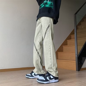 拉链牛仔裤男hiphop高街裤子小众设计感直筒宽松阔腿裤 N7222图片
