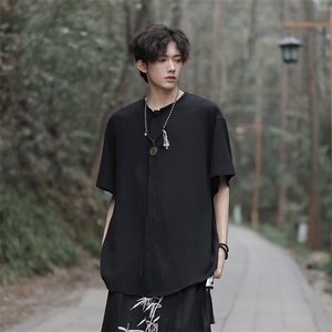 风夏男短袖衬衫冰丝褶皱圆领长抽绳五分袖衬衣CS8 P40图片