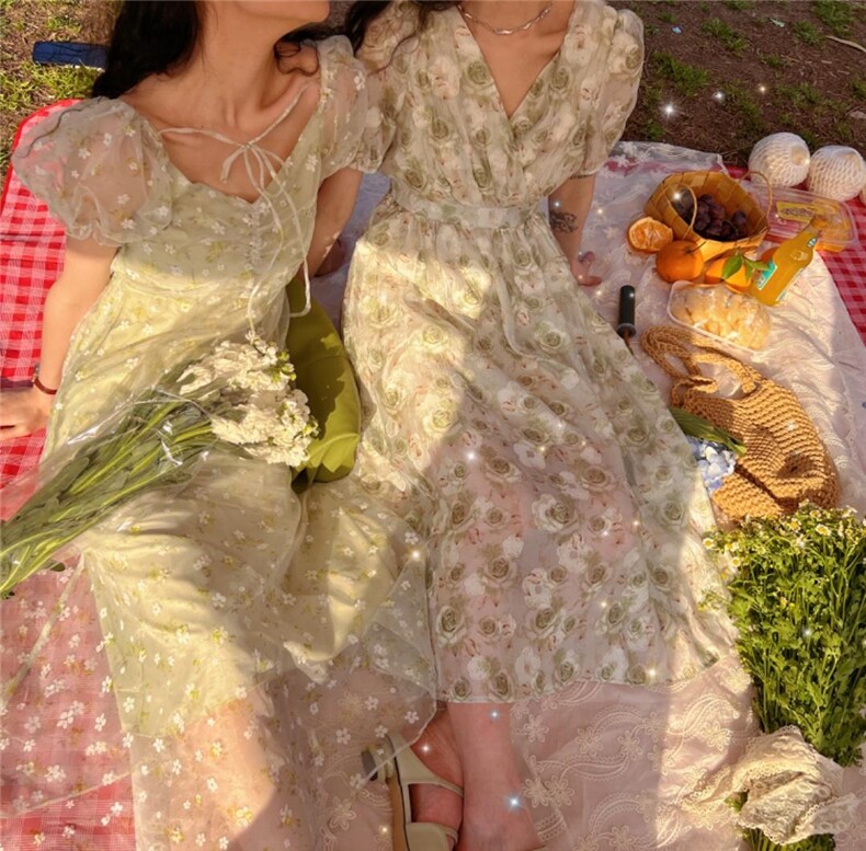 蕾丝印花甜美连衣裙，女装连衣裙，Mu Mu