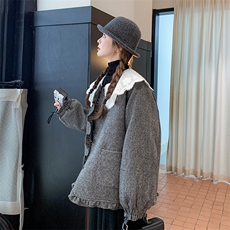 灰色千金风蕾丝娃娃领羽绒服女冬季韩系甜美减龄花边白鸭绒外套，女装毛呢外套，维壹
