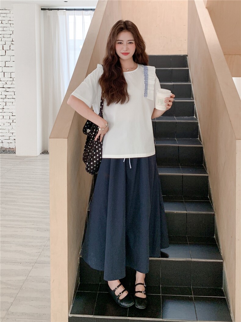 法式复古半身裙女2025夏季宽松气质简约松紧腰长裙花边上衣两件套,女装套装/套裙,慧尚依恋