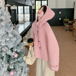 韩系学院风连帽短款毛呢外套女秋冬2025新款小个子减龄双面呢上衣图片