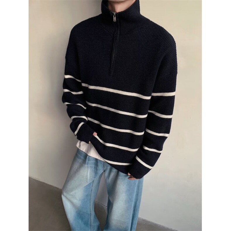 半拉链针织衫男士韩版潮流高街条纹拼色2024冬季毛衣MZ712-P51,男装针织衫/毛衣,星座412-3