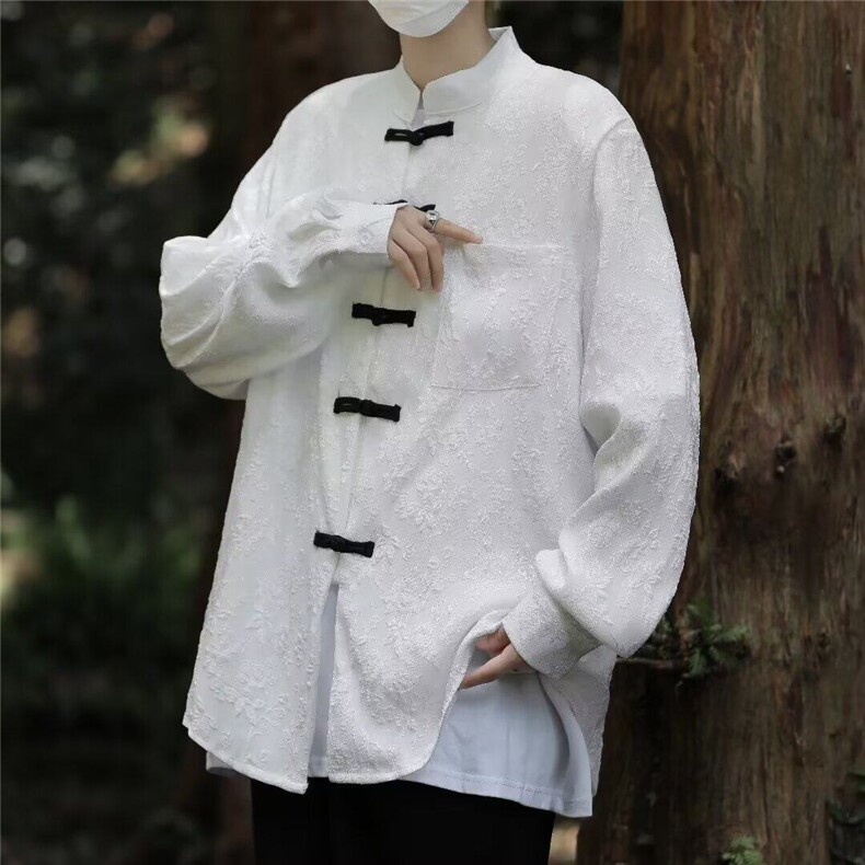 新中式男装衬衫风大码长袖改良汉服立领提花浮雕刺绣盘扣外套图片