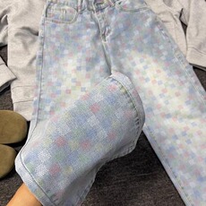 美式彩色格子牛仔裤男夏季2025年新款高街直筒宽松阔腿裤NZ3177，男装牛仔裤，星座516A