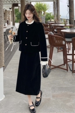 现货法式小香风丝绒套装裙女2025年新款蝴蝶结短外套半身裙两件套，女装套装/套裙，浙宝203