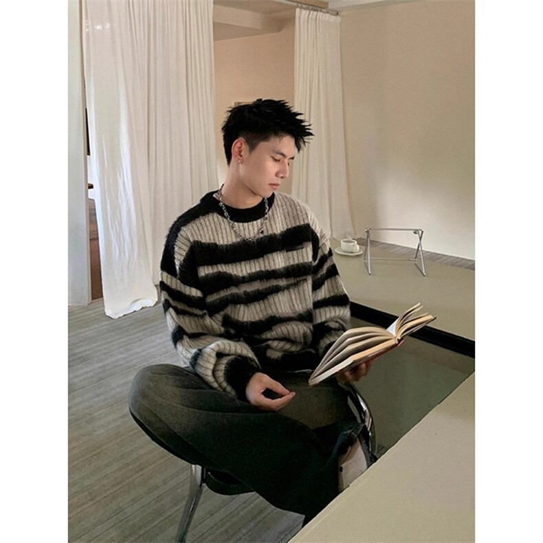 特P35黑白条纹马海毛毛衣男款-610A-MY9118,男装针织衫/毛衣,星座610A
