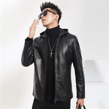 2023秋冬新款海宁皮衣男牛皮连帽外套韩版机车夹克P600，男装皮衣，电商B360