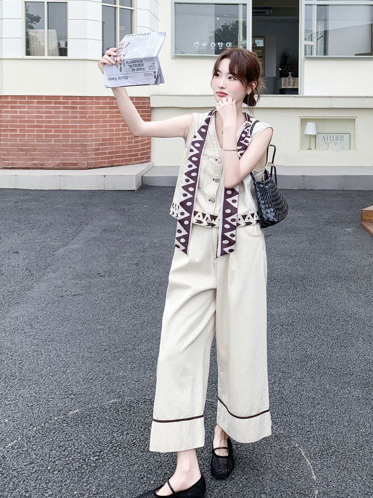 2026年夏季新款老钱风重工刺绣无袖马甲阔腿裤套装女休闲裤两件套,女装套装/套裙,霓裳依族