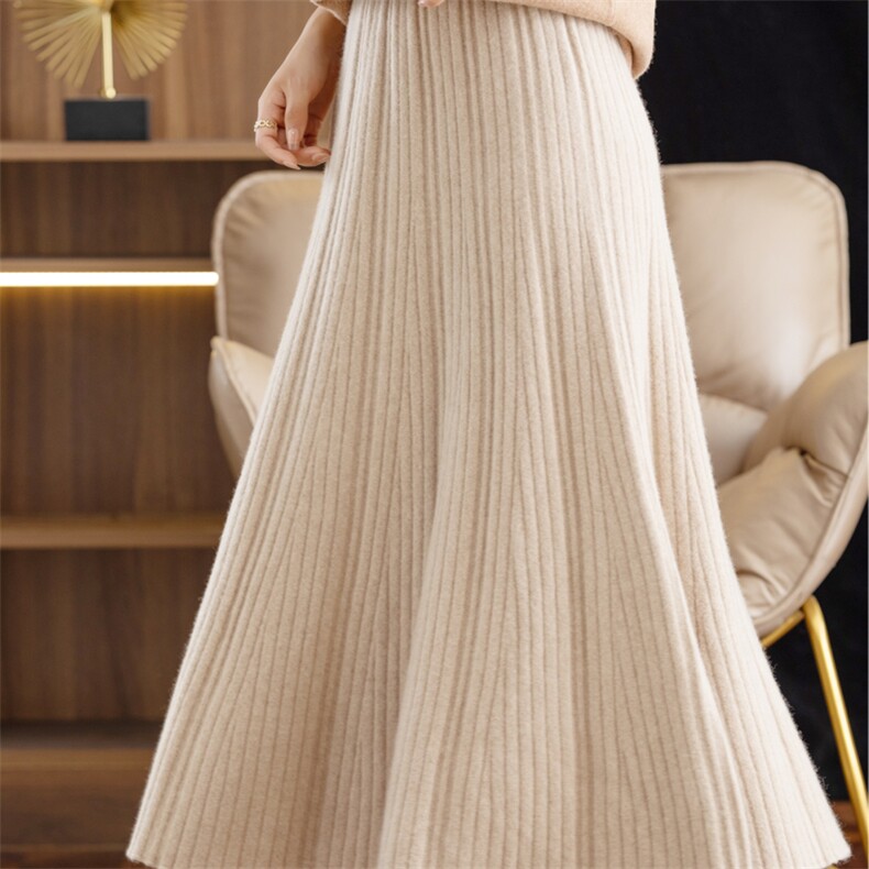秋冬新款羊毛百褶裙女针织半身裙高腰百搭包臀长款伞裙，女装半身裙，唯若美羊绒
