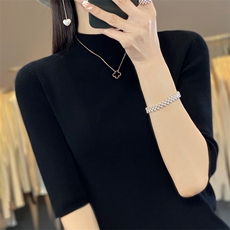 无缝半高领五分袖针织打底衫女T恤2025春秋新款精仿细毛半袖毛衣，女装针织衫/毛衣，暖烁特种纱工厂店