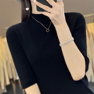无缝半高领五分袖针织打底衫女T恤2025春秋新款精仿细毛半袖毛衣图片