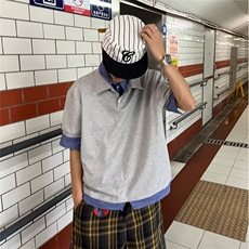 美式小众设计格子拼接短袖polo衫T恤男女夏宽松百搭潮流上衣，男装Polo衫，星座1210-1