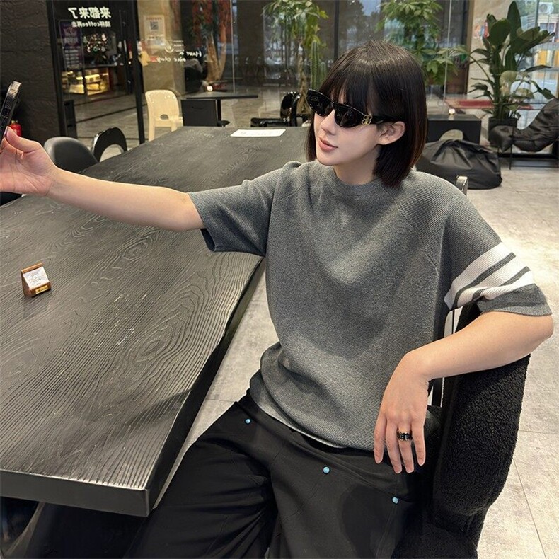 时尚百搭条杠设计感圆领套头针织短袖体恤Q120毛衣-TP78图片