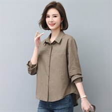 时尚休闲气质宽松棉麻衬衣女长袖百搭显瘦上衣新款韩版简约外套，女装衬衫，依恋蒂丝