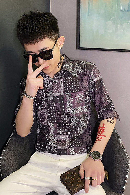 312A-102-P55新款社会小伙中袖衬衫韩版潮流男士五分袖衬衣D,男装T恤,星座312A-5