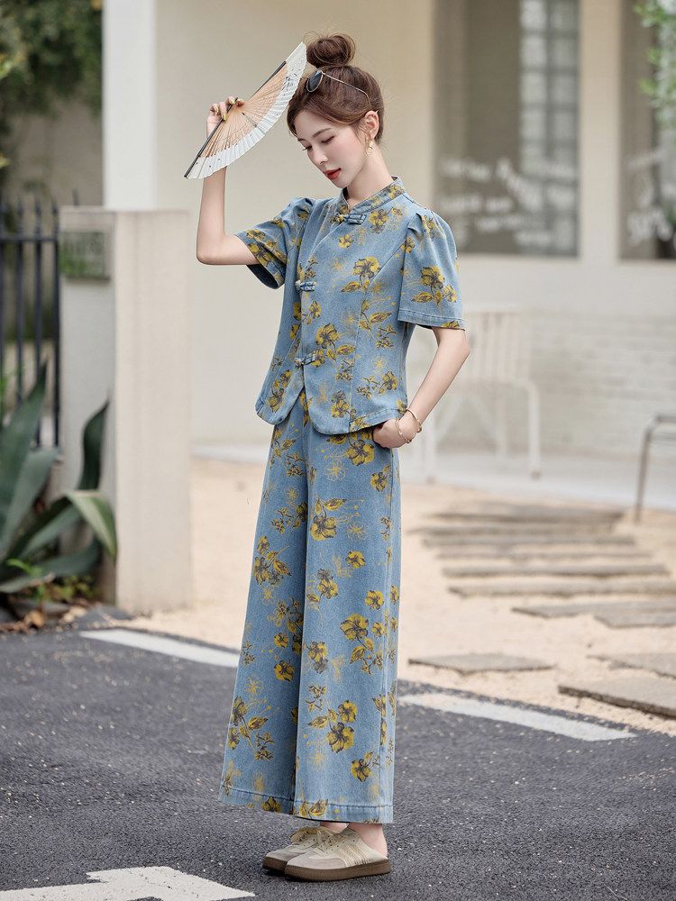 新中式印花牛仔套装女2025夏季新款爆款气质高级感阔腿裤两件套,女装套装/套裙,曼娅璐