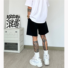 花灰色运动短裤男款夏季美式刺绣三角标裤子重磅直筒休闲四五分裤，男装牛仔裤，电商A061