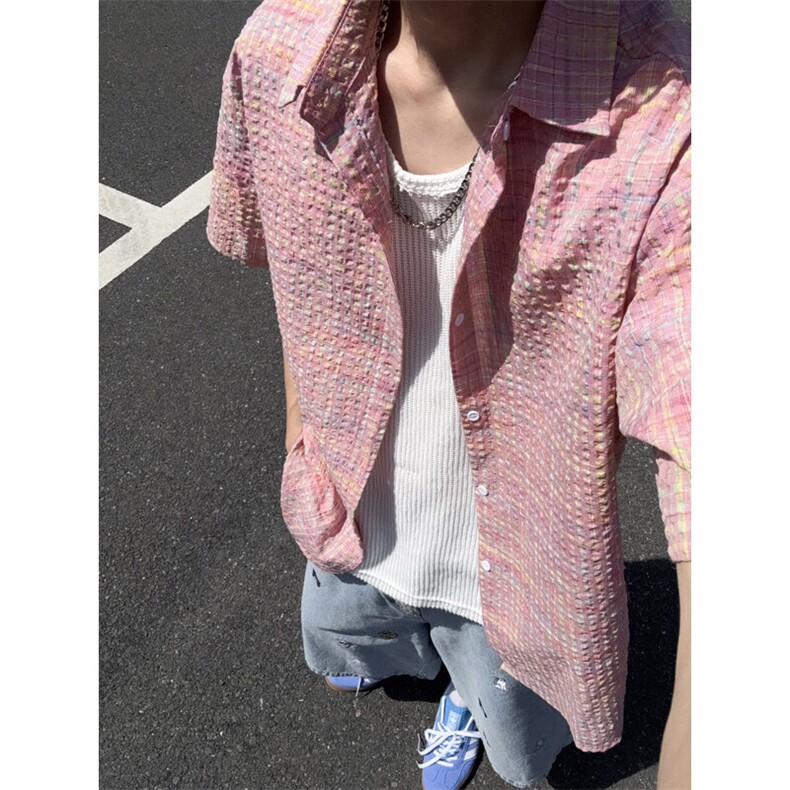 B221美式ins高街宽松薄款泡泡格短袖衬衫SY2548-特P35控59,男装T恤,电商B221