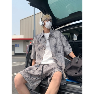 扎染新款套装男生夏季薄款短袖衬衫运动短裤中性风潮牌宽松两件套图片