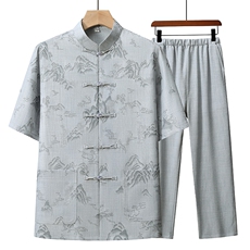 夏季风唐装中年短袖衬衫套装男士太极服宽松套装TR88605-P110，男装衬衫，星座1105-3