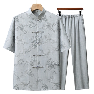 夏季风唐装中年短袖衬衫套装男士太极服宽松套装TR88605-P110图片