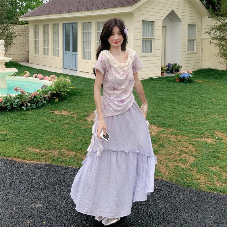 紫色法式气质套装裙女2025新款夏日绝美独特碎花上衣半身裙两件套,女装套装/套裙,2C133