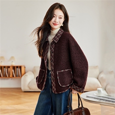 2025年冬季格子拼接羊羔毛上衣皮毛一体外套，女装羊羔毛/颗粒绒，简韵佳