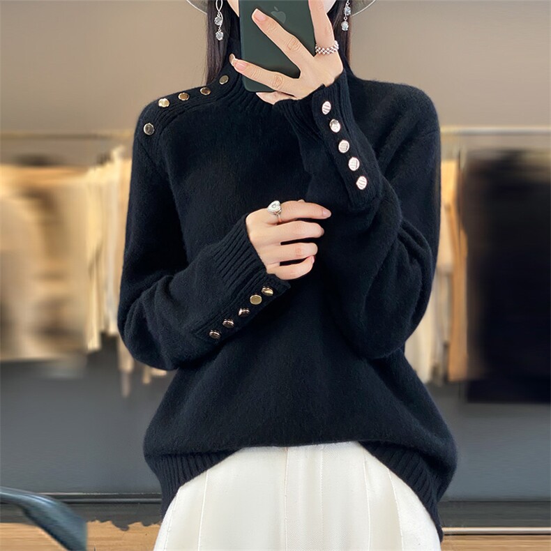 2025年秋季时尚百搭通勤简约休闲袖子肩部带扣子羊毛衫,女装羊毛衫,丽特绒