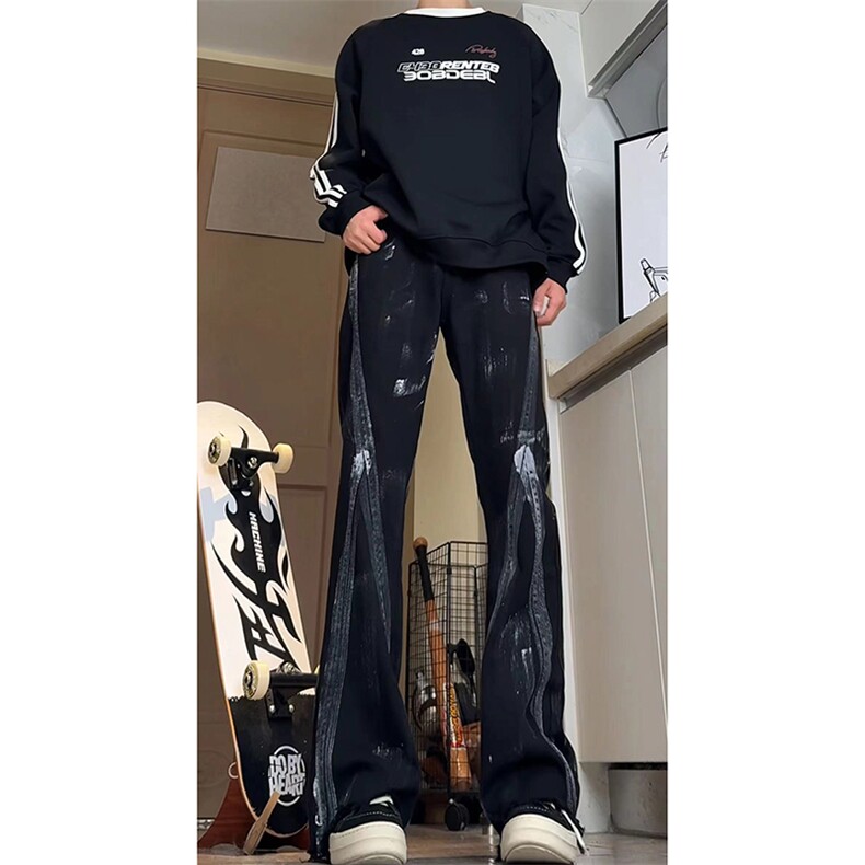 美式eodup高街hiphop小从涂鸦脏脏毛边喇叭牛仔裤货号K2409P65,男装牛仔裤,电商A063