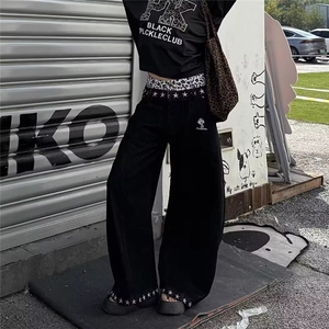 美式复古星星拼接阔腿牛仔裤裤子春季新款高腰宽松拖地裤NZ013图片