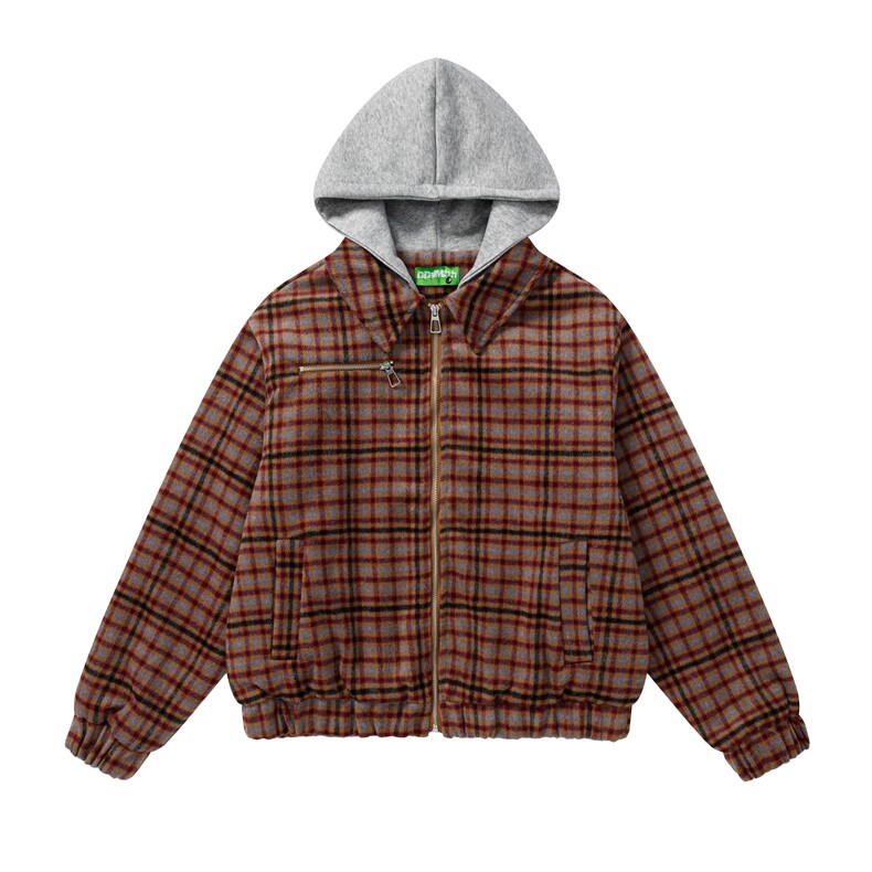 美式复古毛呢条纹假两件连帽夹棉外套秋冬男女款201-2A768P148，女装短外套，星座201-2