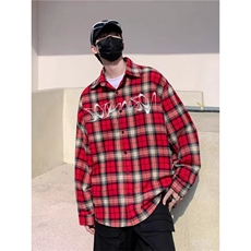【006】刺绣红色格子长袖衬衫男衬衣情侣外套A079-CS307-P30，男装衬衫，电商A079