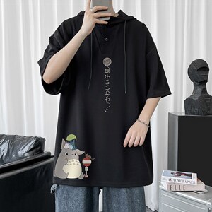 LD54152-P45 连帽短袖t恤男大码胖子带帽五分袖中袖图片