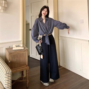 春款现货  韩式不规则格子衬衫阔腿裤套装2109 P175 K288图片