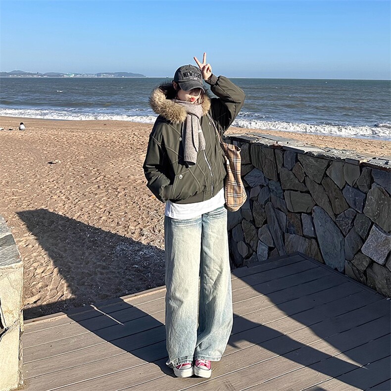 现货重磅boxy短款棉衣座山雕大毛毛领男女棉服水洗工装厚外套,男装棉衣,电商A486-1
