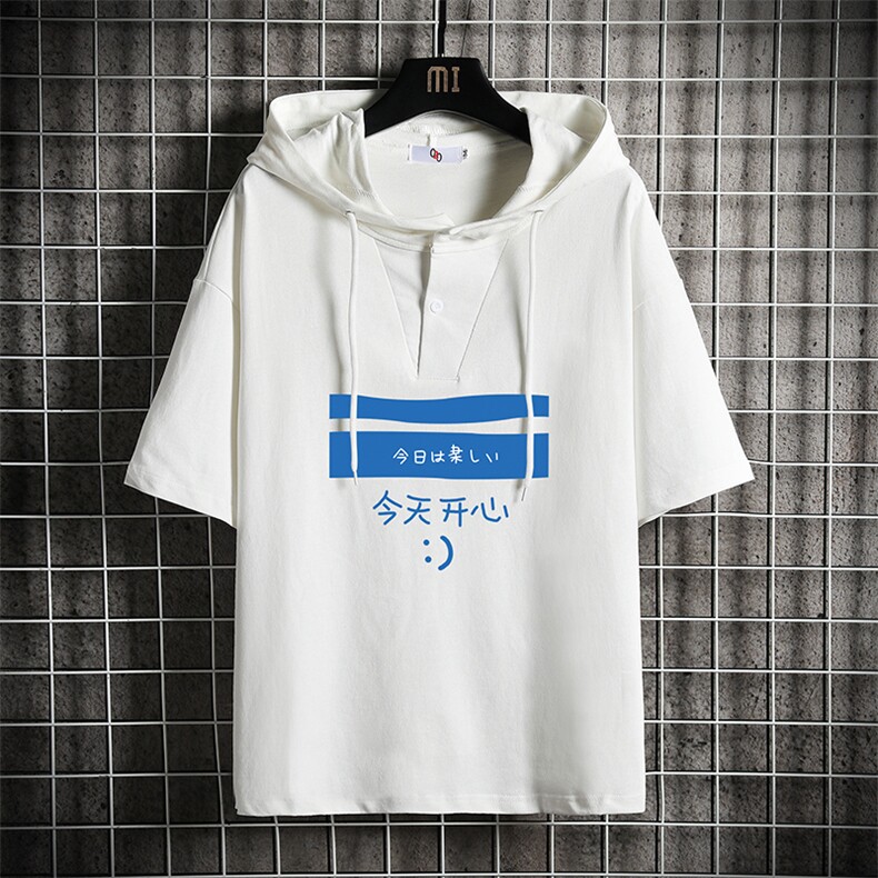 LD54033-P45连帽短袖t恤男大码胖子带帽五分袖中袖网格挂拍,男装T恤,电商A040A