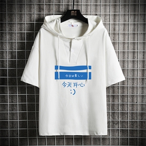 LD54033-P45连帽短袖t恤男大码胖子带帽五分袖中袖网格挂拍,黑色半袖搭配蓝色短裤图片
