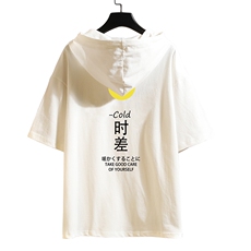 LD54047-P45连帽短袖t恤男大码胖子带帽五分袖中袖砖墙挂拍，男装T恤，电商A040A