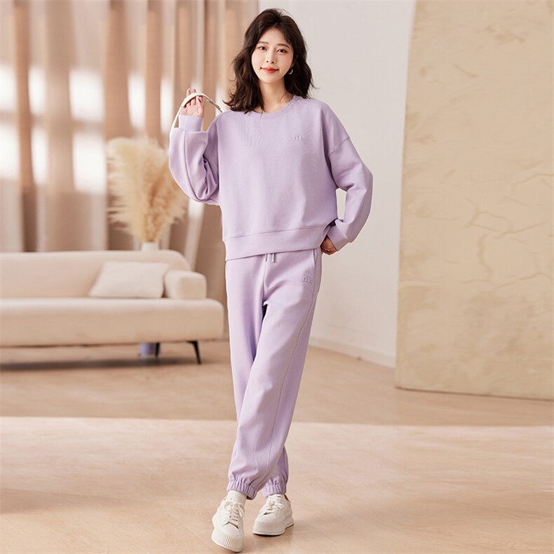 纯棉紫色刺绣韩系慵懒风圆领卫衣女设计感时尚运动休闲,女装卫衣/绒衫,梦懿尔