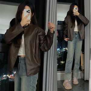 复古棕短款皮衣外套女美拉德高级感立领PU机车夹克 C845-P110图片