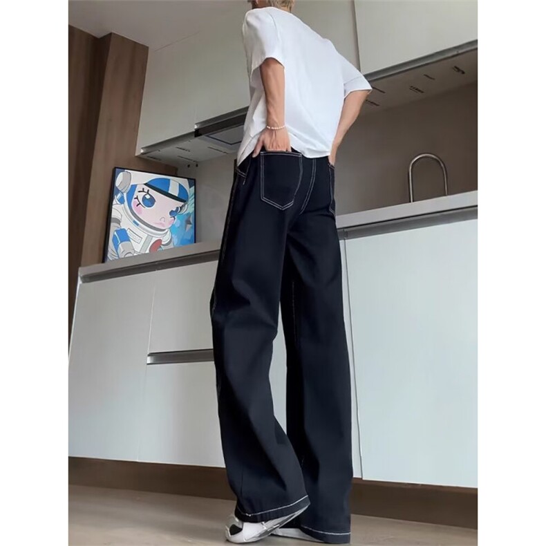 网络图现货潮牌高腰百搭黑色拼接显瘦显腿阔腿牛仔裤J2138-P38,男装牛仔裤,星座715-7