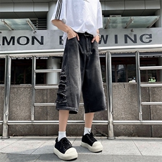阔腿七分牛仔裤男女夏季新款破洞宽松显瘦直筒短裤潮D30133-p45，男装牛仔裤，星座1008
