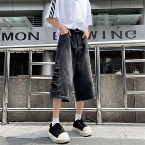 阔腿七分牛仔裤男女夏季新款破洞宽松显瘦直筒短裤潮D30133-p45图片