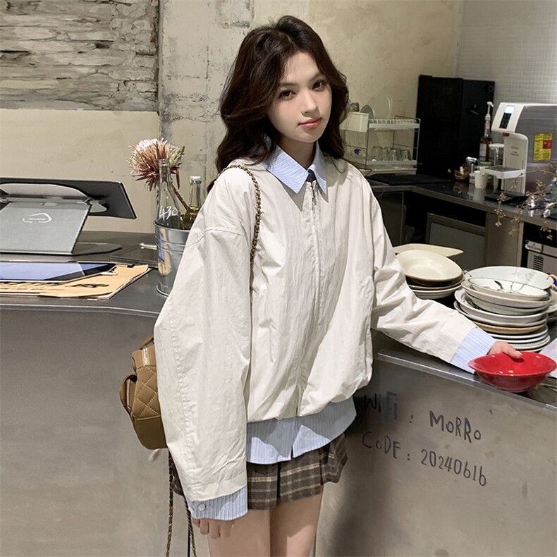 【现货】条纹拼接假两件短外套82635-P145-K198,女装短外套,2B076