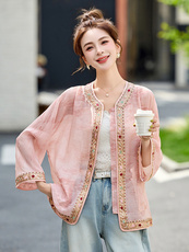 年轻款漂亮提花外套女中长款2025夏高端缎面减龄收腰显瘦上衣，女装短外套，韩宇舍
