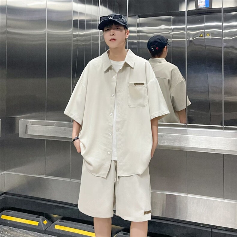 五分衬衫男士套装夏季短袖短裤宽松休闲穿搭男生假两件W5789-P56,男装牛仔裤,星座412-3